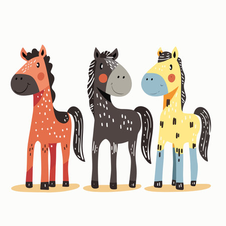 Cute hand drawn vector illustration of a set of cartoon horses.のイラスト素材