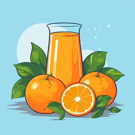Orange juice in a glass with oranges and leaves. Vector illustration.のイラスト素材