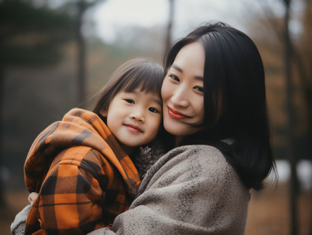 Portrait of happy Asian mother and daughter hugging in the parkの素材