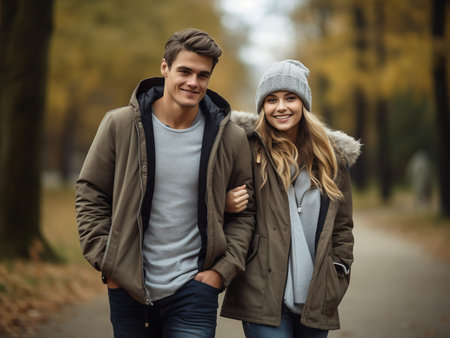 Young couple walking in the autumn park, smiling and looking at cameraの素材