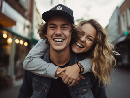 Beautiful young couple is embracing and smiling while walking on the streetの素材
