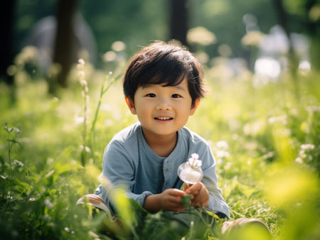 Cute asian boy sitting on grass and holding dandelionの素材
