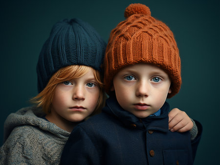Portrait of a boy and a girl in warm hats. Studio shot.の素材