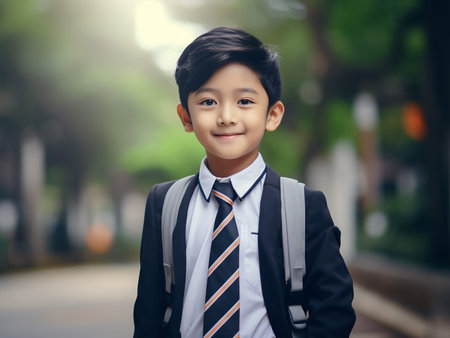 Happy asian boy in school uniform with backpack going to school.の素材