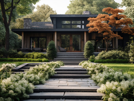 Luxury chalet in the garden. Beautiful landscape design.の写真素材