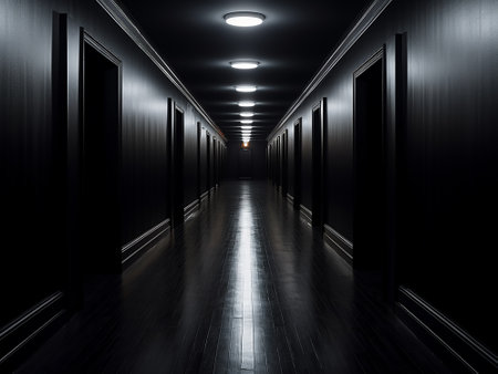 Dark corridor with light coming from the end. 3D rendering.の写真素材