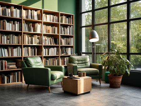 Interior of modern living room with green armchairs and bookshelvesの写真素材