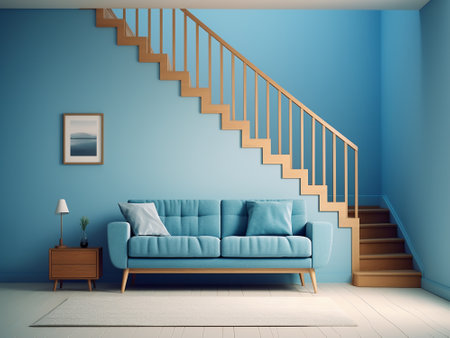 Blue living room interior with blue sofa and wooden stairs. 3d renderの写真素材