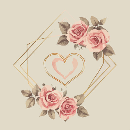 Romantic floral frame with rose flowers and heart. Vector illustration.のイラスト素材