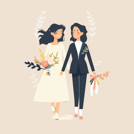 Wedding couple flat vector illustration. Cartoon bride and groom holding hands.のイラスト素材