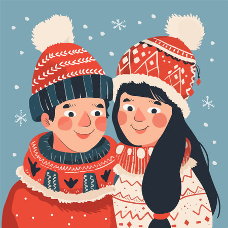 Cute couple in winter clothes. Vector illustration in cartoon style.のイラスト素材