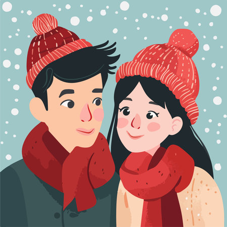 Vector illustration of a couple in a hat and scarf on a winter backgroundのイラスト素材