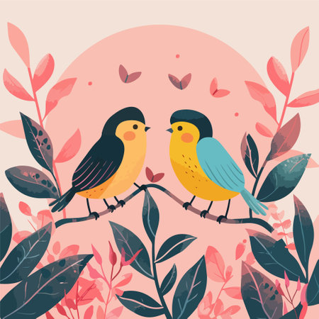 Cute birds on a branch. Vector illustration in retro style.のイラスト素材