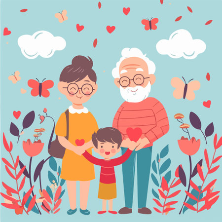 Grandparents with grandson vector illustration. Grandpa, grandmother and grandson holding hands. Happy family concept.のイラスト素材