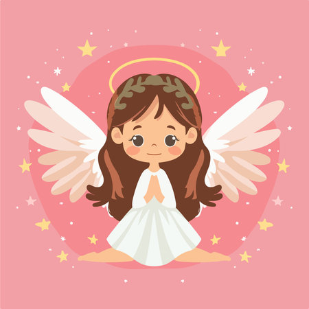 Cute little angel girl with wings and stars. Vector illustration.のイラスト素材