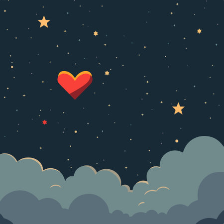 Night sky with clouds and hearts. Vector illustration in flat style.のイラスト素材