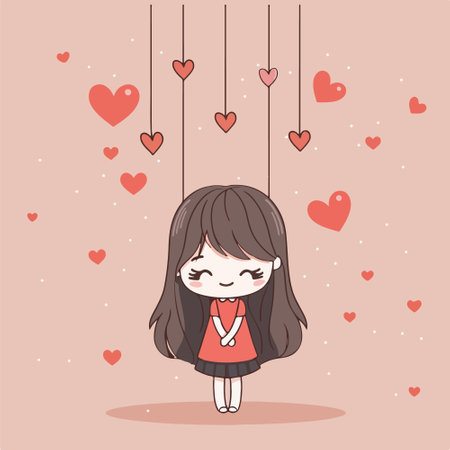 Cute little girl in love with hearts. Vector cartoon illustration.のイラスト素材