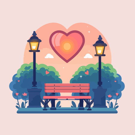 Vector illustration in flat style. Park bench, heart and lanterns.のイラスト素材