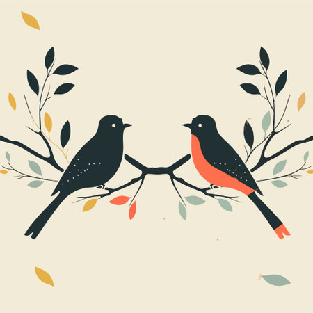 Two birds on a branch with leaves. Vector illustration in retro style.のイラスト素材