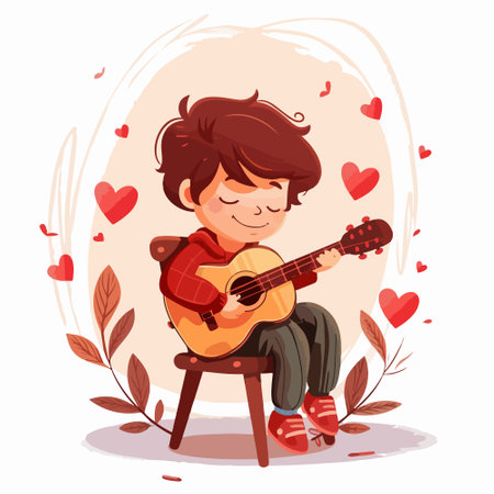 Cute little boy playing guitar. Vector illustration in cartoon style.のイラスト素材