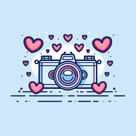 Camera with hearts. Vector line art illustration on a blue background.のイラスト素材