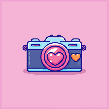 Camera with heart icon. Vector illustration in flat style. Isolated on pink background.のイラスト素材