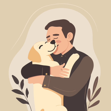 Vector illustration of a man hugging a dog in a flat style.のイラスト素材