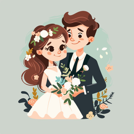 Wedding couple. Bride and groom. Vector illustration in cartoon styleのイラスト素材