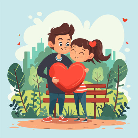 Cute boy and girl holding big red heart in the park. Vector illustrationのイラスト素材