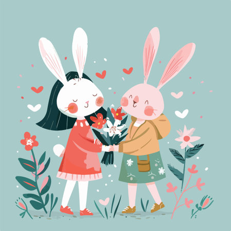 Cute cartoon couple of bunnies in love. Vector illustration.のイラスト素材