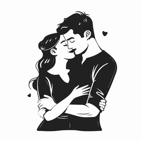 Loving couple hugging each other. Black and white vector illustration.のイラスト素材