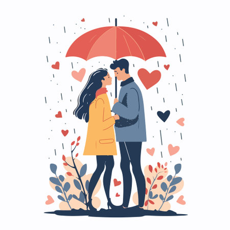 Couple in love under umbrella in the rain. Flat vector illustration.のイラスト素材