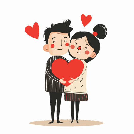 Couple in love holding a big red heart. Vector illustration.のイラスト素材
