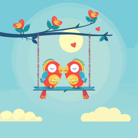 Cute birds on swing. Vector illustration in flat cartoon style.のイラスト素材