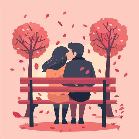 Couple in love sitting on a bench in the autumn park. Vector illustrationのイラスト素材
