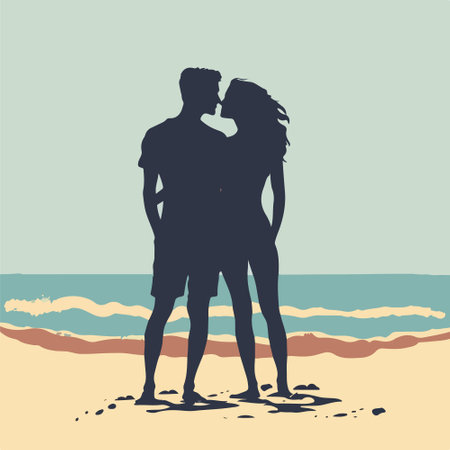 Silhouette of a loving couple on the beach. Vector illustrationのイラスト素材