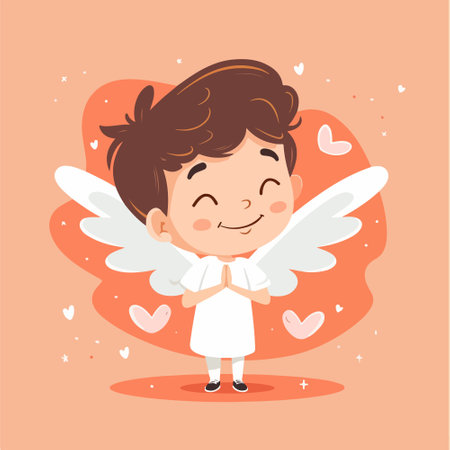 Cute angel boy with wings and hearts. Vector flat cartoon illustrationのイラスト素材