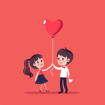 Cute boy and girl holding red heart balloon. Vector illustration.のイラスト素材
