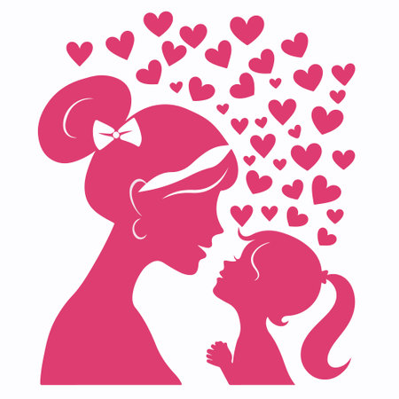 Silhouette of a mother and her daughter on a white background with heartsのイラスト素材