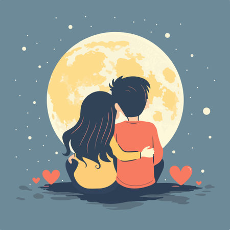 Couple hugging on the background of the full moon. Vector illustration.のイラスト素材