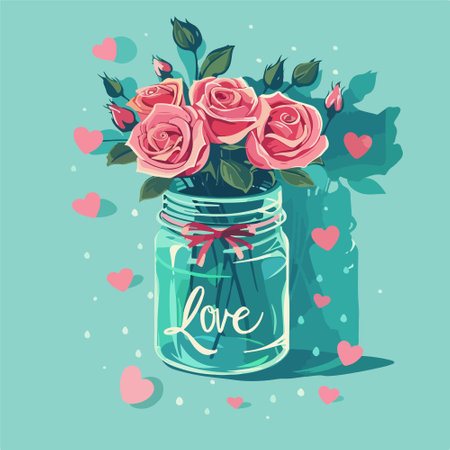 Valentine's day greeting card with a bouquet of roses and hearts. Vector illustration.のイラスト素材