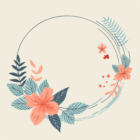 Floral round frame with flowers, leaves and butterflies. Vector illustration.のイラスト素材