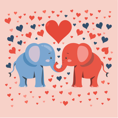cute couple of elephants in love with red hearts. vector illustrationのイラスト素材