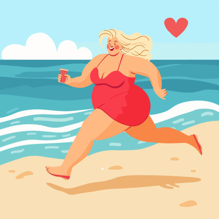 Happy pregnant woman running on the beach. Vector illustration in cartoon styleのイラスト素材
