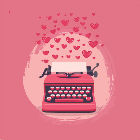 Retro Typewriter with hearts on pink background. Vector illustrationのイラスト素材