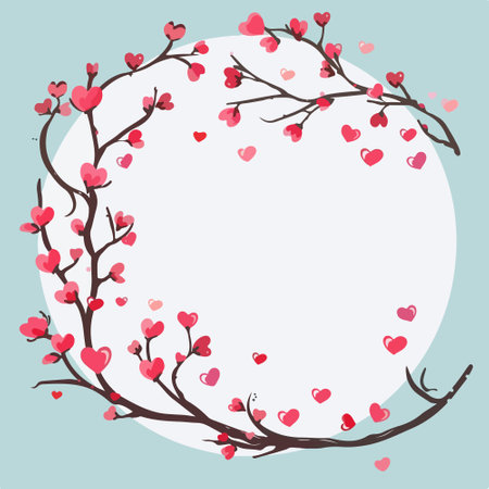 Wreath of cherry blossom branches with hearts. Vector illustration.のイラスト素材
