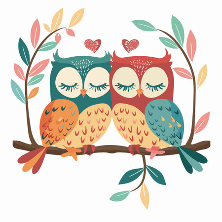 Owls sitting on a branch with leaves. Vector illustration.のイラスト素材