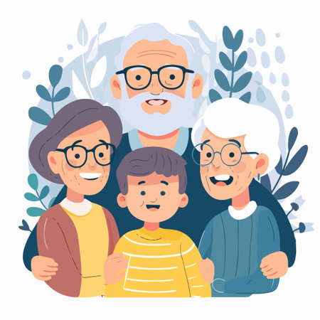 Happy grandparents with their grandchildren. Vector illustration in flat cartoon style.のイラスト素材