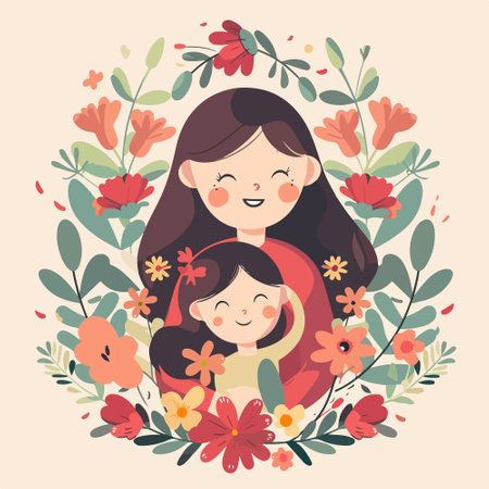 Mother and daughter in floral wreath. Happy family. Vector illustration.のイラスト素材