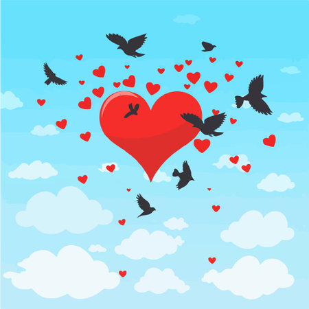 Red heart with flying birds on blue sky background. Vector illustration.のイラスト素材
